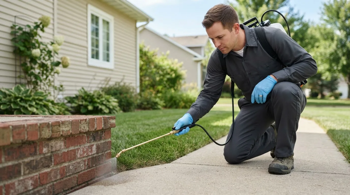 Pest control technician treating a home near Fishers, IN